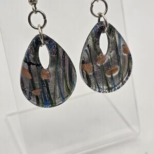 Artisan Venetian Style Art Glass Teardrop Dangle Earrings Blue Green Silver Tone